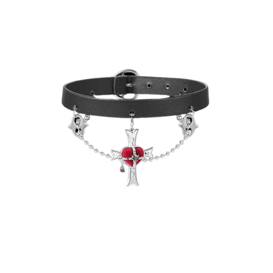 Heart Cross Leather Belt Choker