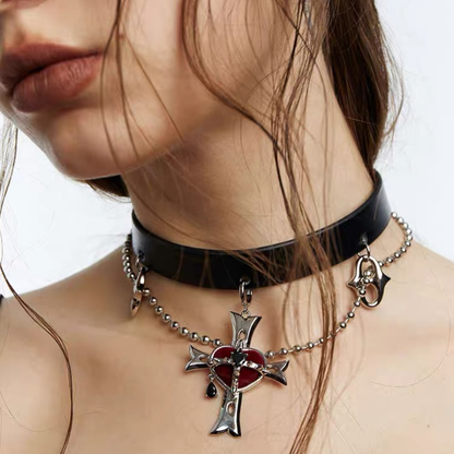 Heart Cross Leather Belt Choker