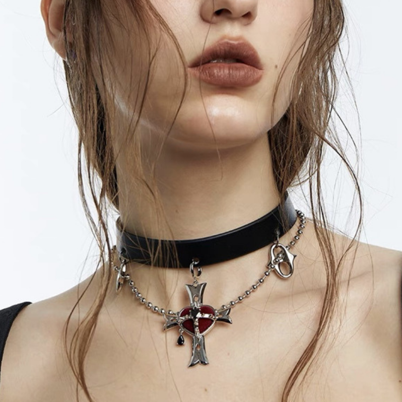 Heart Cross Leather Belt Choker