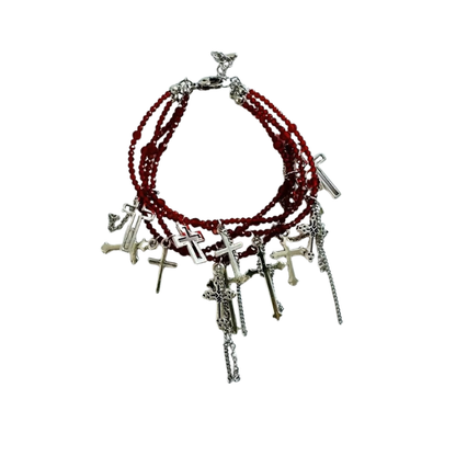 Red Beaded Cross Multi-Layer Bracelet