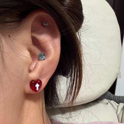 Red Heart Cross / Pink-Black Bow Earrings